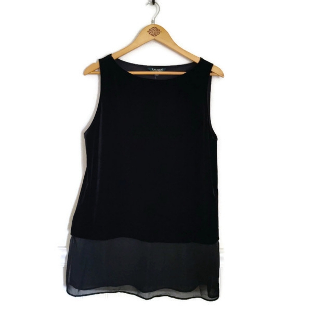 Lauren Ralph Lauren Sleeveless Black Velvet Chiffon Tunic Top  Large New!